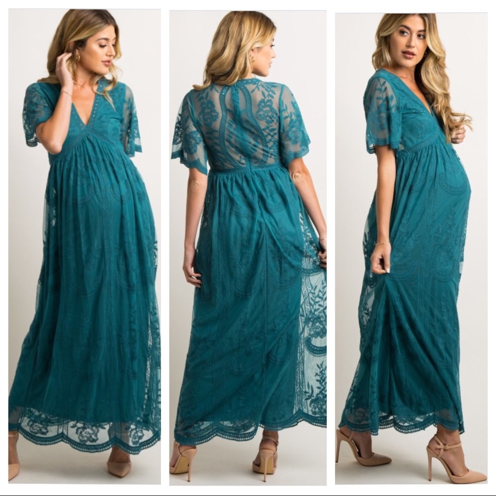 PinkBlush Teal Lace Mesh Overlay Maternity Maxi Dress